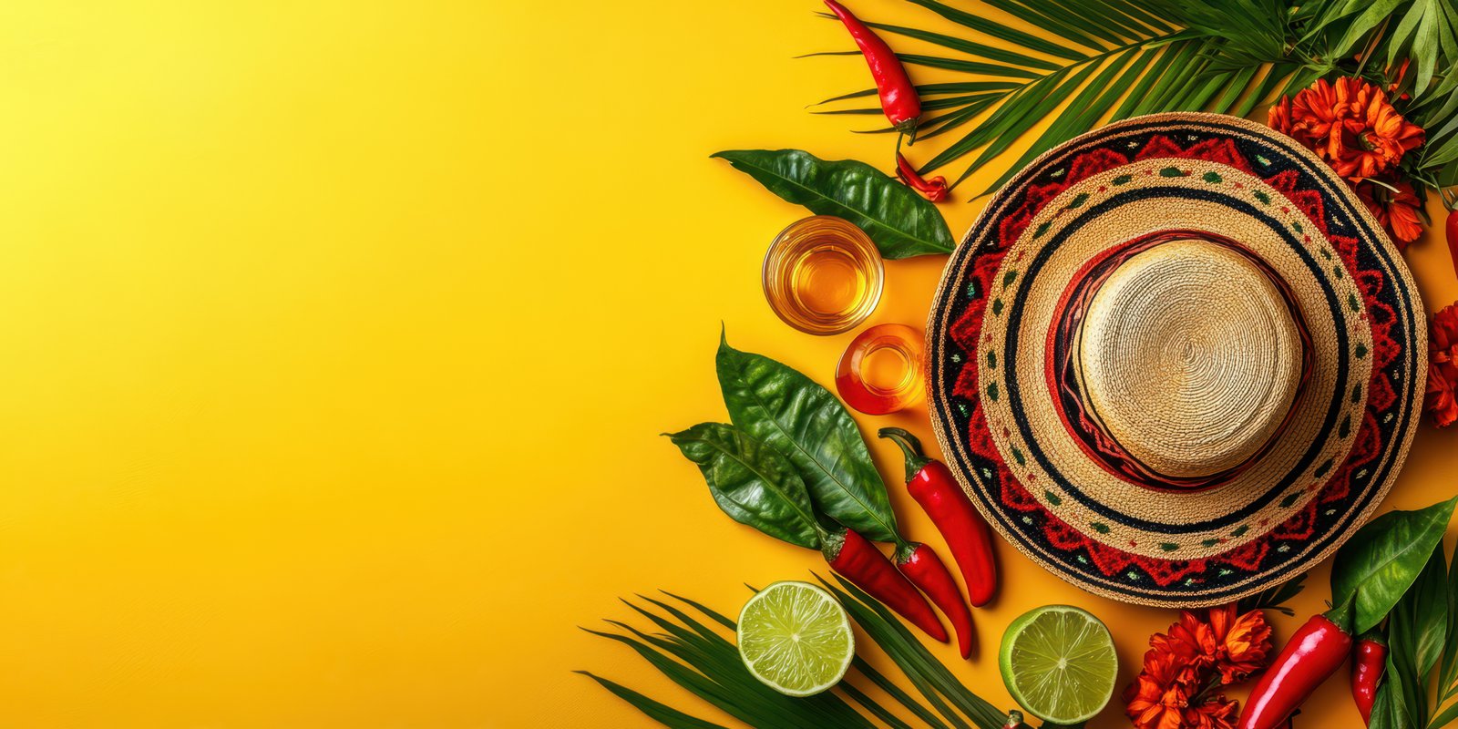 Colorful tropical setting with sombrero, lime, and chili peppers on a vibrant yellow background for a festive occasion